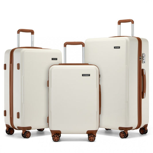 KSK2494 - KONO 3-PIECE MINIMALIST HARD SHELL ABS+PC LUGGAGE SET WITH TSA LOCK AND 360° SPINNER WHEELS - CREAM & BROWN - The Baggage Shop