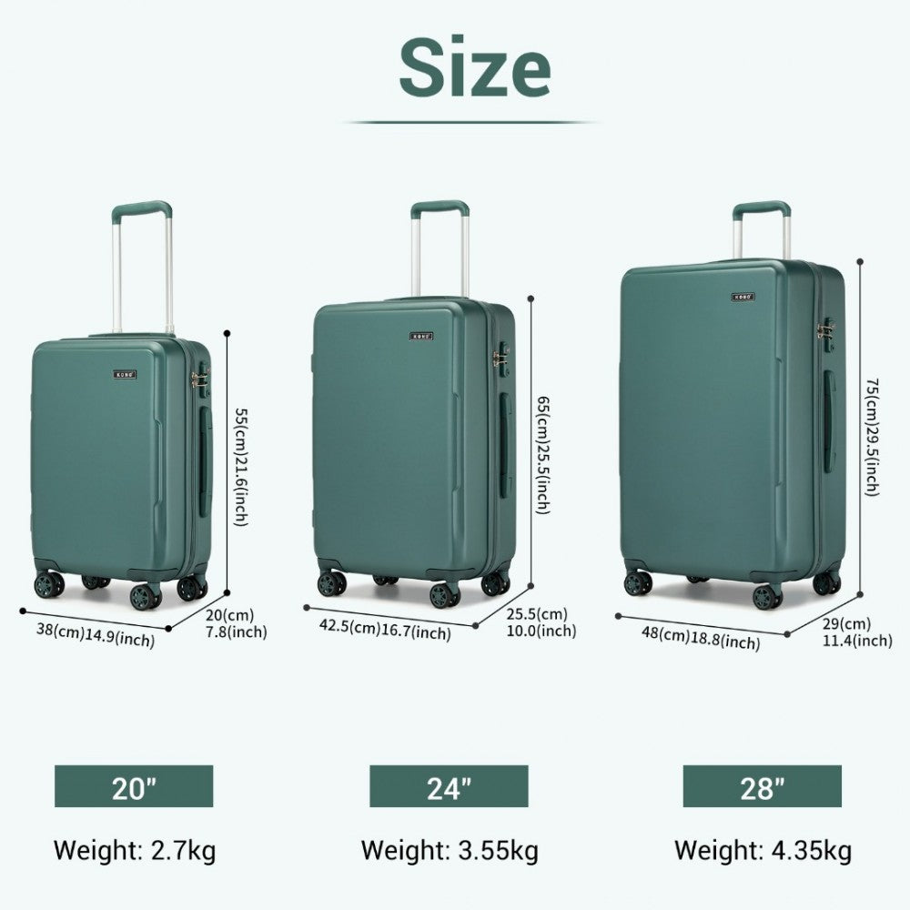 KSK2494 - KONO 3-PIECE MINIMALIST HARD SHELL ABS+PC LUGGAGE SET WITH TSA LOCK AND 360° SPINNER WHEELS - MILITARY GREEN - The Baggage Shop