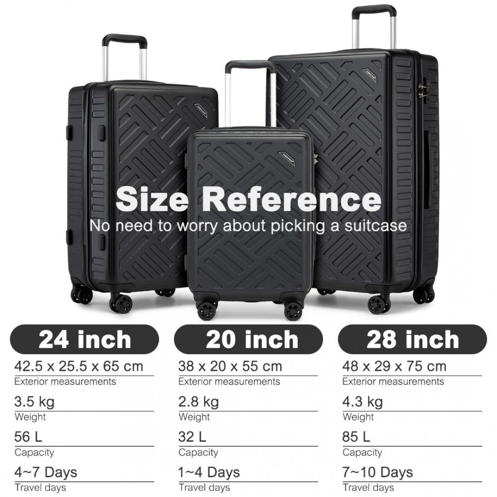 KSS2495 - SUPERCASE 3-PIECE SLEEK GEOMETRIC PATTERN HARD SHELL ABS+PC SUITCASE SET WITH TSA LOCK FOR EFFORTLESS TRAVEL - BLACK - The Baggage Shop