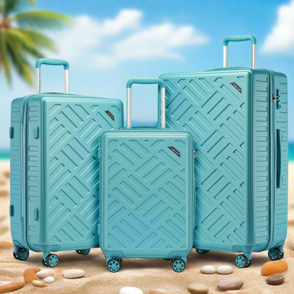 KSS2495 - SUPERCASE 3-PIECE SLEEK GEOMETRIC PATTERN HARD SHELL ABS+PC SUITCASE SET WITH TSA LOCK FOR EFFORTLESS TRAVEL - BLUE - The Baggage Shop