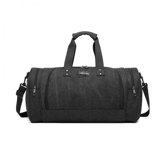 E1957 - KONO CANVAS BARREL DUFFLE TRAVEL BAG - BLACK - The Baggage Shop