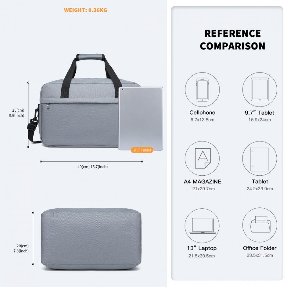 E1960M - KONO LIGHTWEIGHT MULTI PURPOSE UNISEX SPORTS TRAVEL DUFFEL BAG - LIGHT GREY - The Baggage Shop