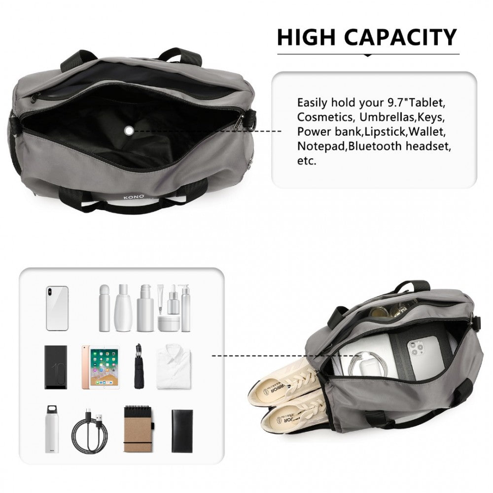 EA2305 - KONO WATERPROOF DUFFEL BAG LIGHTWEIGHT SPORTS GYM BAG WITH SHOES COMPARTMENT - GREY - The Baggage Shop