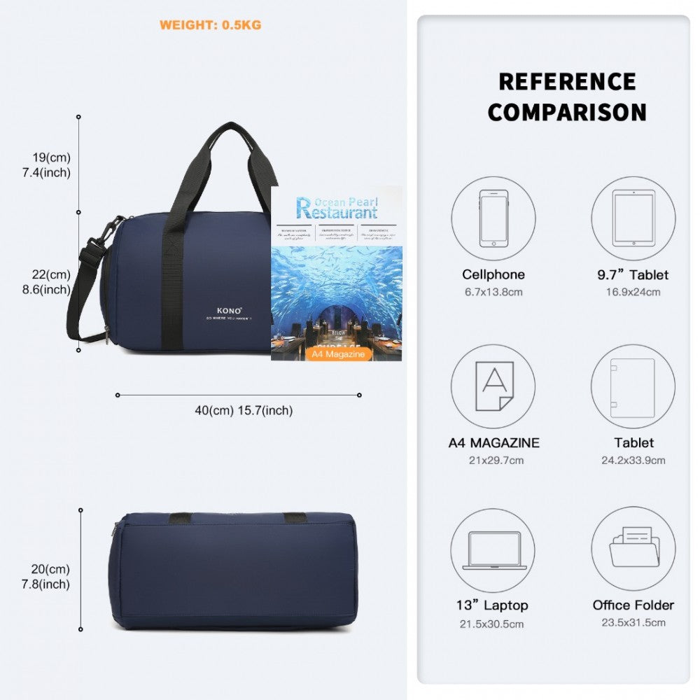EA2305 - KONO WATERPROOF DUFFEL BAG LIGHTWEIGHT SPORTS GYM BAG WITH SHOES COMPARTMENT - NAVY - The Baggage Shop