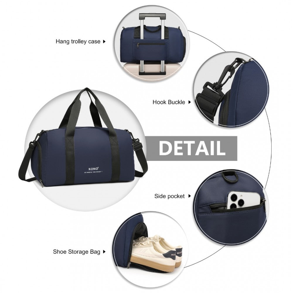 EA2305 - KONO WATERPROOF DUFFEL BAG LIGHTWEIGHT SPORTS GYM BAG WITH SHOES COMPARTMENT - NAVY - The Baggage Shop