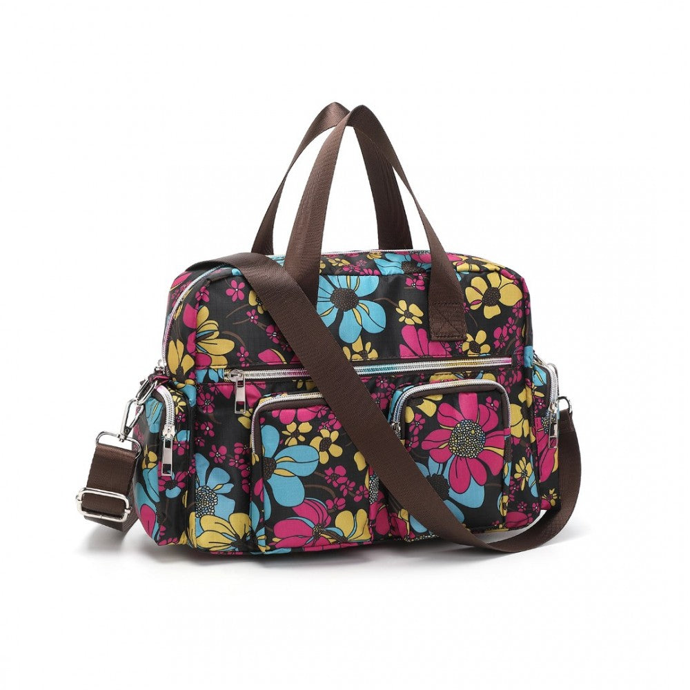 MSK2434F - KONO VERSATILE MULTI-POCKET TRAVEL BAG WITH ADJUSTABLE DETACHABLE STRAP AND FLOWER PRINT - BLACK - The Baggage Shop