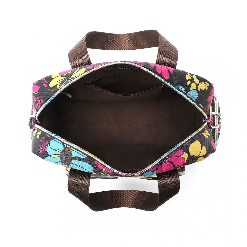 MSK2434F - KONO VERSATILE MULTI-POCKET TRAVEL BAG WITH ADJUSTABLE DETACHABLE STRAP AND FLOWER PRINT - BLACK - The Baggage Shop
