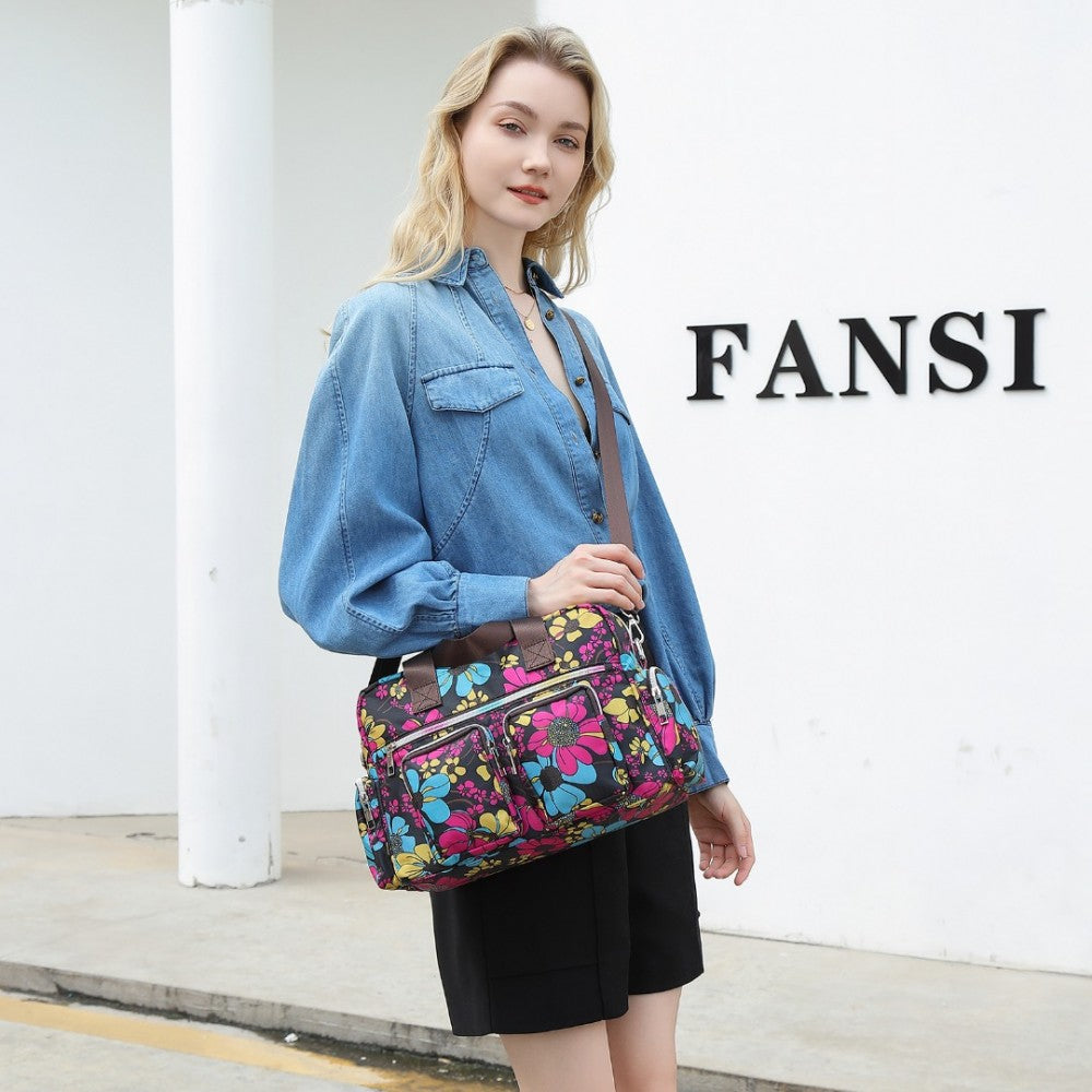 MSK2434F - KONO VERSATILE MULTI-POCKET TRAVEL BAG WITH ADJUSTABLE DETACHABLE STRAP AND FLOWER PRINT - BLACK - The Baggage Shop