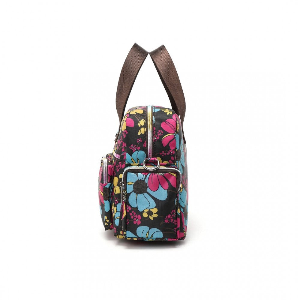 MSK2434F - KONO VERSATILE MULTI-POCKET TRAVEL BAG WITH ADJUSTABLE DETACHABLE STRAP AND FLOWER PRINT - BLACK - The Baggage Shop