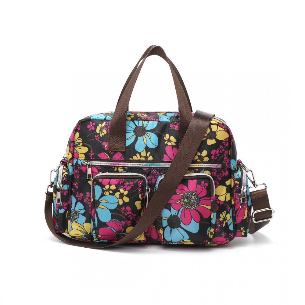 MSK2434F - KONO VERSATILE MULTI-POCKET TRAVEL BAG WITH ADJUSTABLE DETACHABLE STRAP AND FLOWER PRINT - BLACK - The Baggage Shop