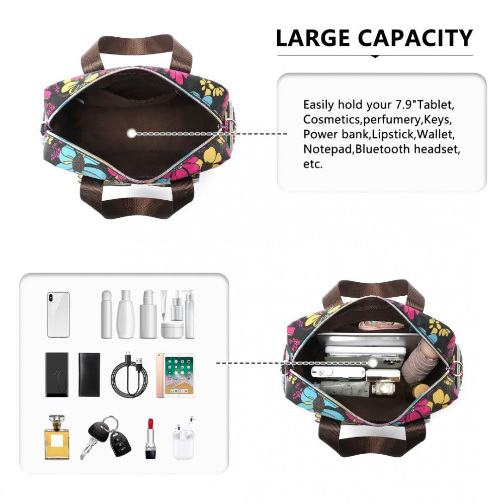 MSK2434F - KONO VERSATILE MULTI-POCKET TRAVEL BAG WITH ADJUSTABLE DETACHABLE STRAP AND FLOWER PRINT - BLACK - The Baggage Shop