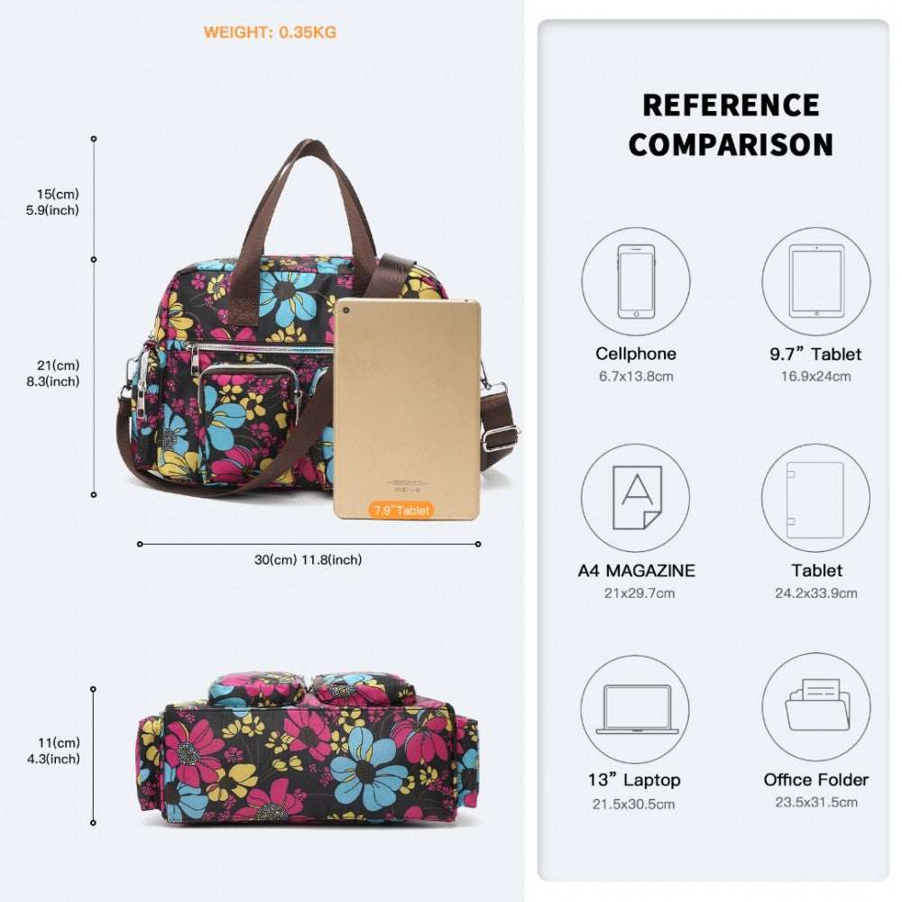 MSK2434F - KONO VERSATILE MULTI-POCKET TRAVEL BAG WITH ADJUSTABLE DETACHABLE STRAP AND FLOWER PRINT - BLACK - The Baggage Shop