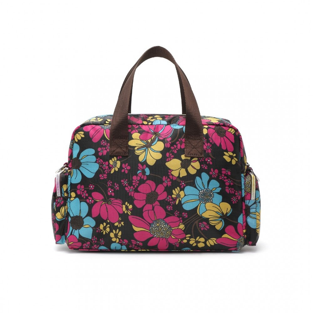 MSK2434F - KONO VERSATILE MULTI-POCKET TRAVEL BAG WITH ADJUSTABLE DETACHABLE STRAP AND FLOWER PRINT - BLACK - The Baggage Shop
