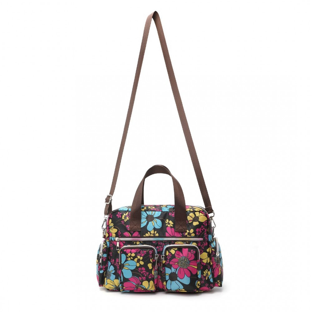 MSK2434F - KONO VERSATILE MULTI-POCKET TRAVEL BAG WITH ADJUSTABLE DETACHABLE STRAP AND FLOWER PRINT - BLACK - The Baggage Shop