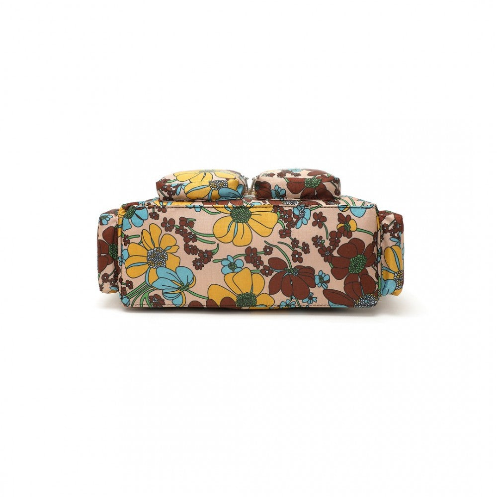 MSK2434F - KONO VERSATILE MULTI-POCKET TRAVEL BAG WITH ADJUSTABLE DETACHABLE STRAP AND FLOWER PRINT - KHAKI - The Baggage Shop