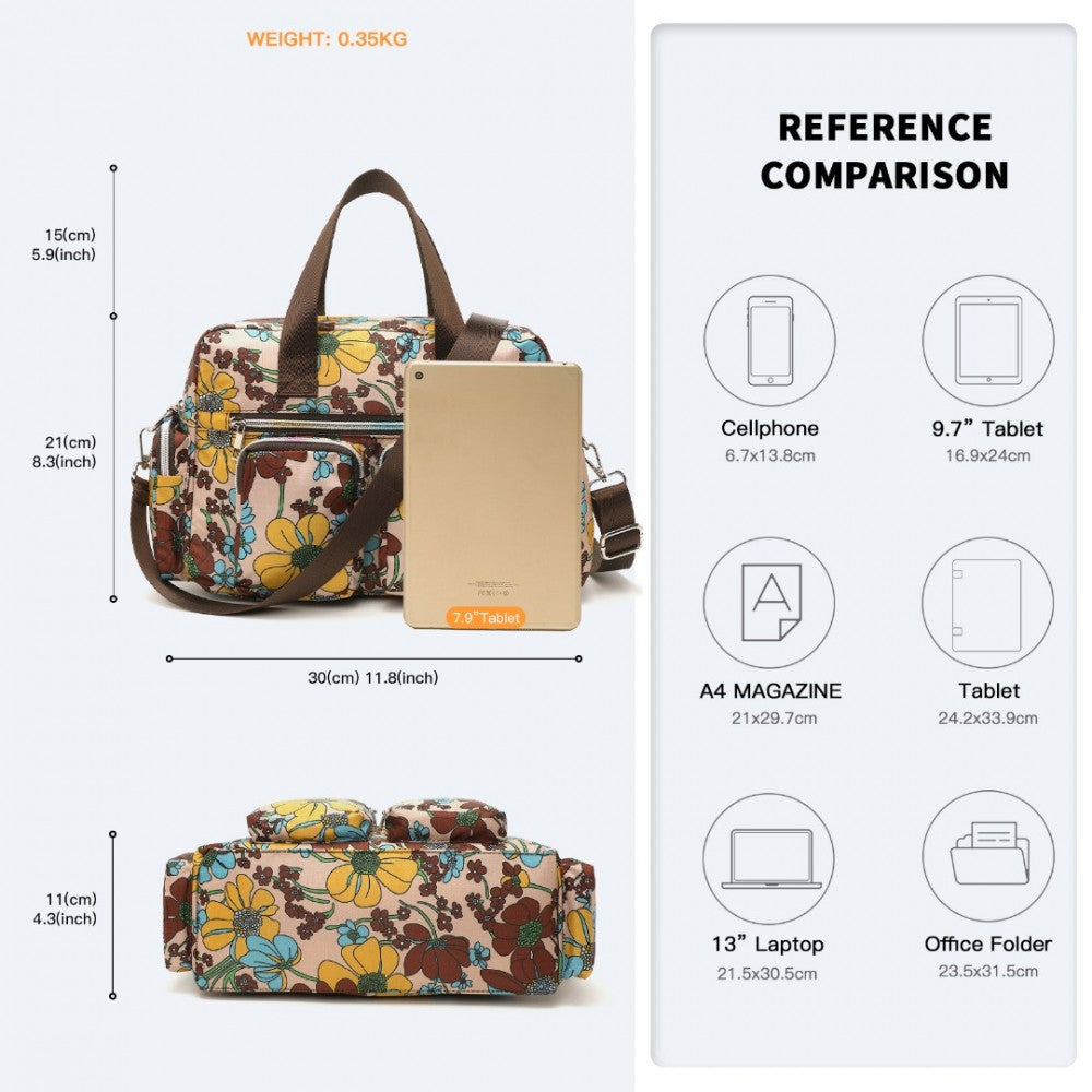 MSK2434F - KONO VERSATILE MULTI-POCKET TRAVEL BAG WITH ADJUSTABLE DETACHABLE STRAP AND FLOWER PRINT - KHAKI - The Baggage Shop