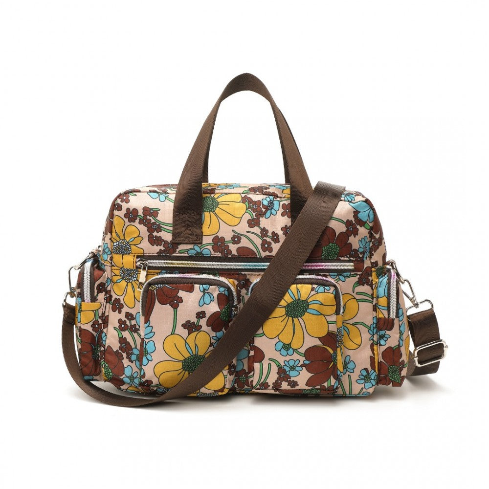MSK2434F - KONO VERSATILE MULTI-POCKET TRAVEL BAG WITH ADJUSTABLE DETACHABLE STRAP AND FLOWER PRINT - KHAKI - The Baggage Shop