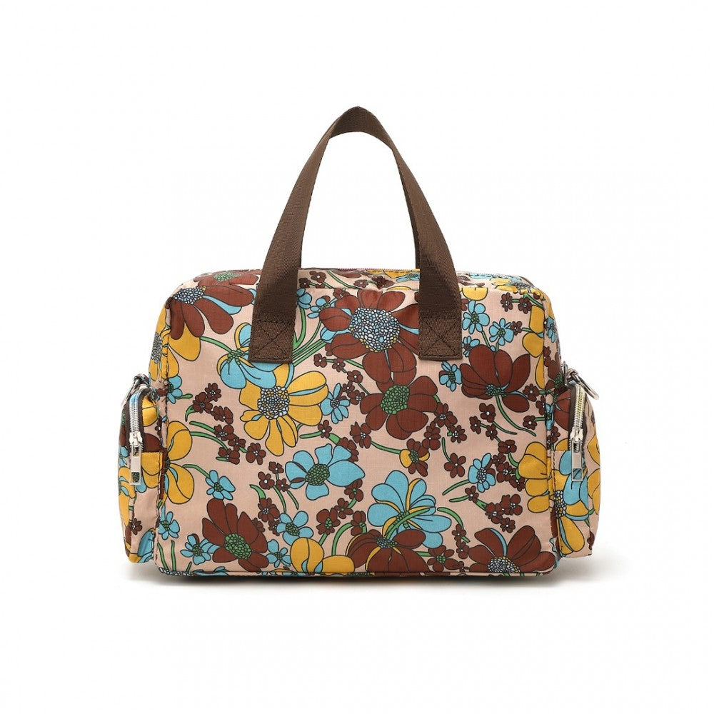 MSK2434F - KONO VERSATILE MULTI-POCKET TRAVEL BAG WITH ADJUSTABLE DETACHABLE STRAP AND FLOWER PRINT - KHAKI - The Baggage Shop