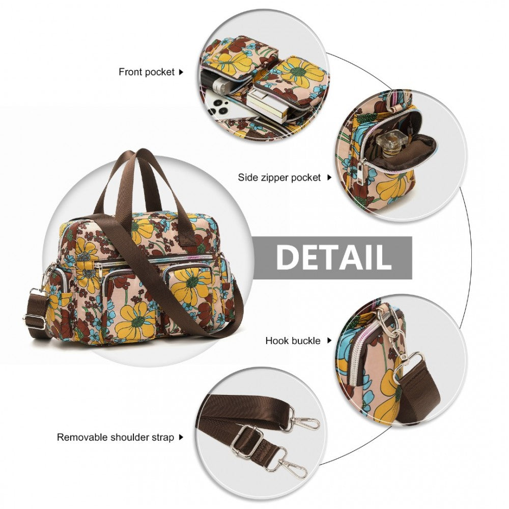 MSK2434F - KONO VERSATILE MULTI-POCKET TRAVEL BAG WITH ADJUSTABLE DETACHABLE STRAP AND FLOWER PRINT - KHAKI - The Baggage Shop