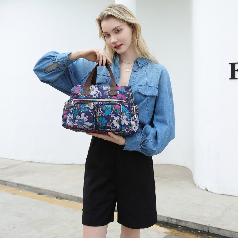 MSK2434F - KONO VERSATILE MULTI-POCKET TRAVEL BAG WITH ADJUSTABLE DETACHABLE STRAP AND FLOWER PRINT - NAVY - The Baggage Shop