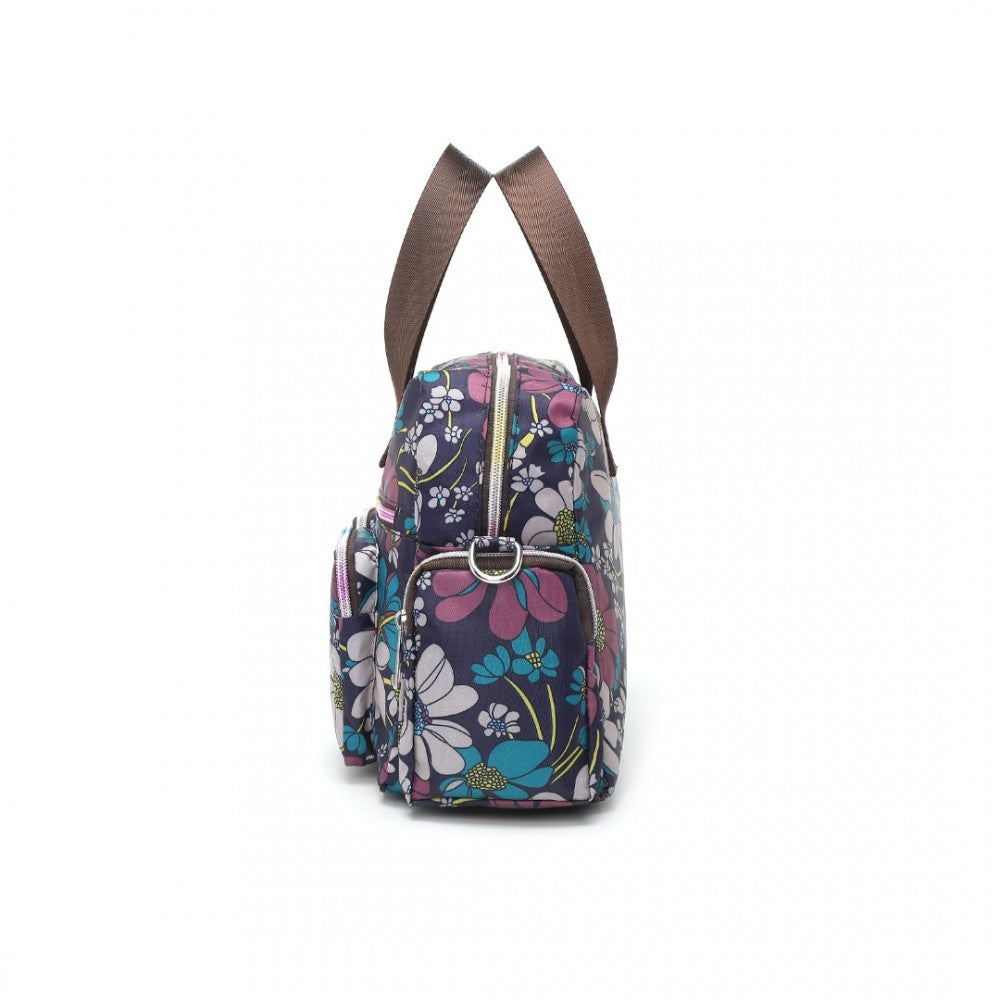 MSK2434F - KONO VERSATILE MULTI-POCKET TRAVEL BAG WITH ADJUSTABLE DETACHABLE STRAP AND FLOWER PRINT - NAVY - The Baggage Shop