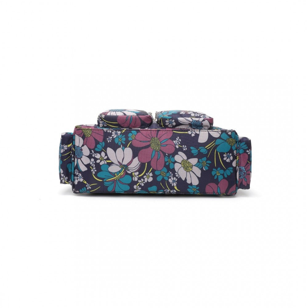 MSK2434F - KONO VERSATILE MULTI-POCKET TRAVEL BAG WITH ADJUSTABLE DETACHABLE STRAP AND FLOWER PRINT - NAVY - The Baggage Shop
