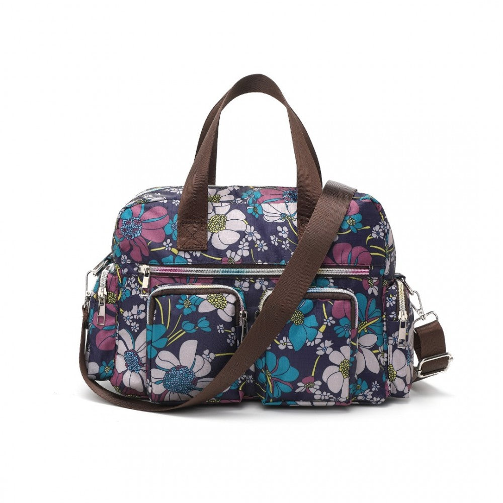 MSK2434F - KONO VERSATILE MULTI-POCKET TRAVEL BAG WITH ADJUSTABLE DETACHABLE STRAP AND FLOWER PRINT - NAVY - The Baggage Shop