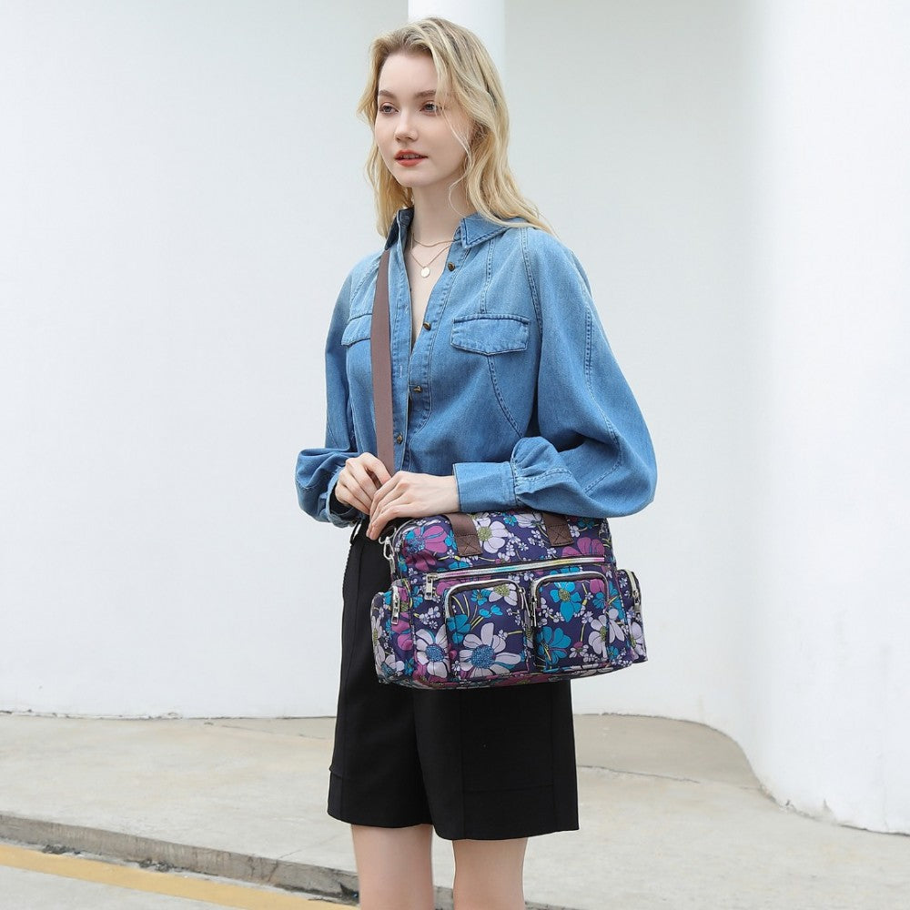 MSK2434F - KONO VERSATILE MULTI-POCKET TRAVEL BAG WITH ADJUSTABLE DETACHABLE STRAP AND FLOWER PRINT - NAVY - The Baggage Shop