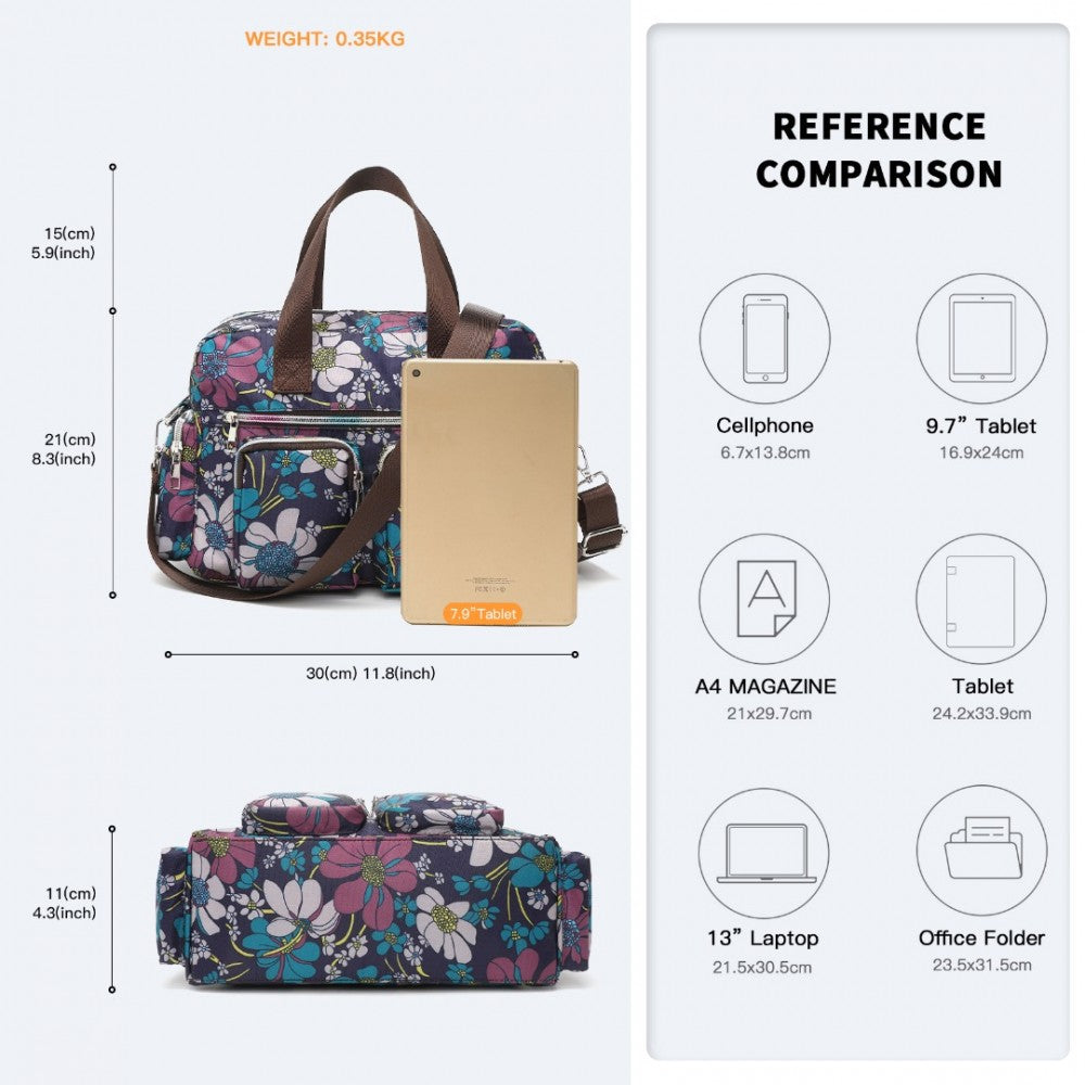 MSK2434F - KONO VERSATILE MULTI-POCKET TRAVEL BAG WITH ADJUSTABLE DETACHABLE STRAP AND FLOWER PRINT - NAVY - The Baggage Shop