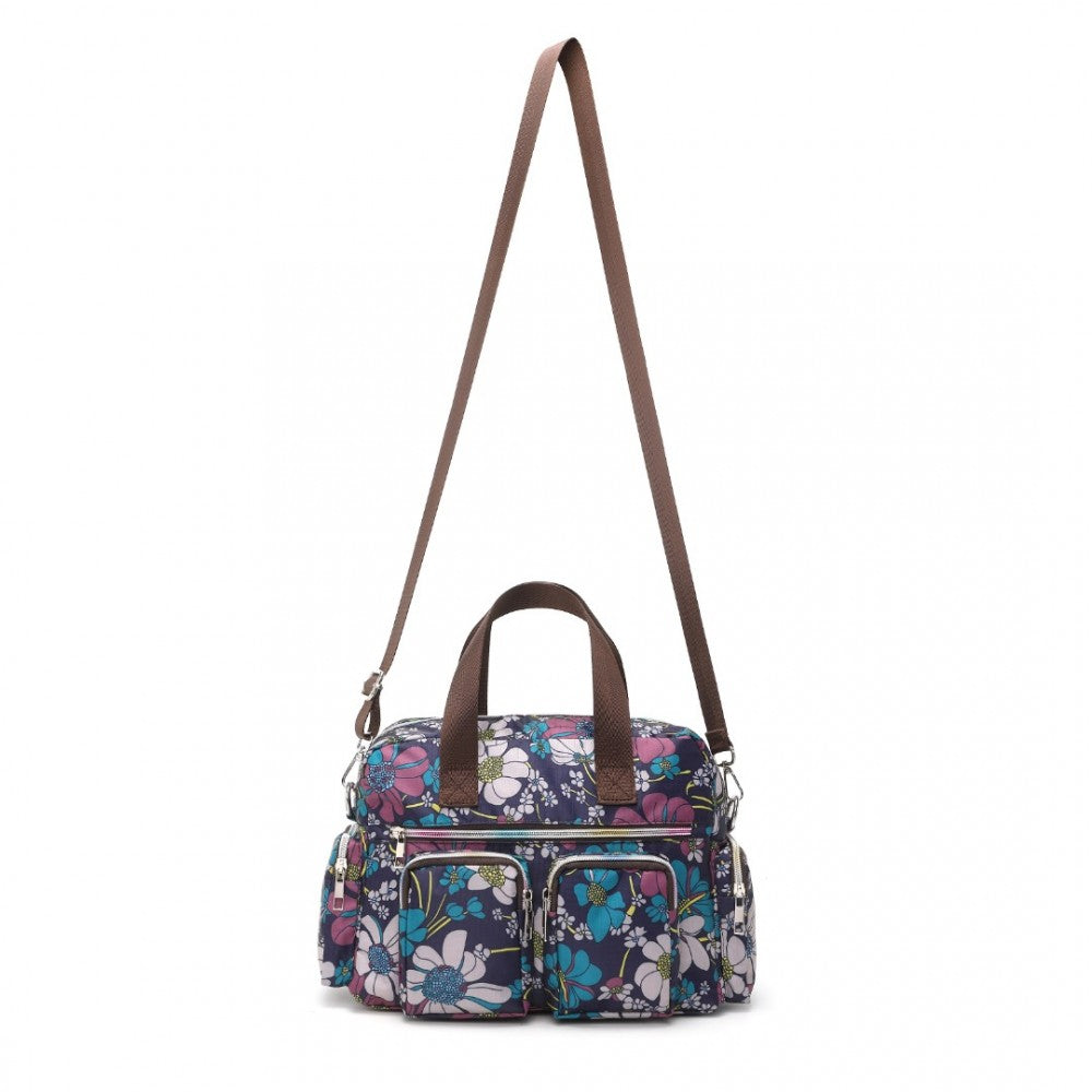 MSK2434F - KONO VERSATILE MULTI-POCKET TRAVEL BAG WITH ADJUSTABLE DETACHABLE STRAP AND FLOWER PRINT - NAVY - The Baggage Shop