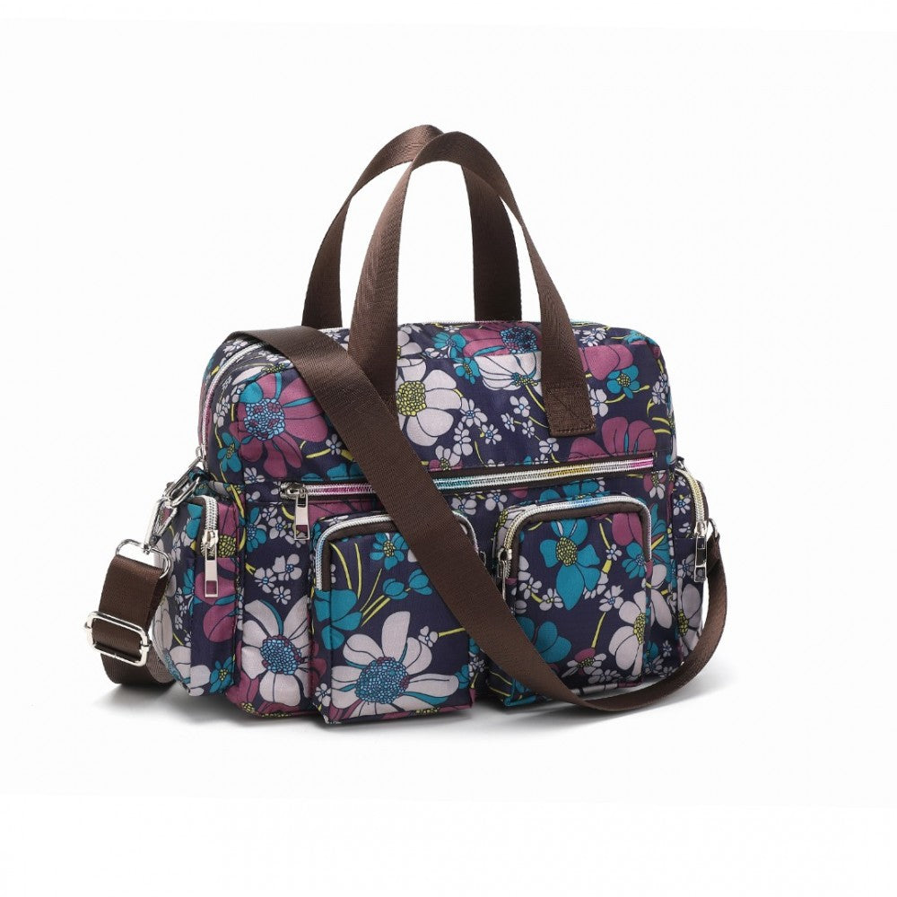 MSK2434F - KONO VERSATILE MULTI-POCKET TRAVEL BAG WITH ADJUSTABLE DETACHABLE STRAP AND FLOWER PRINT - NAVY - The Baggage Shop