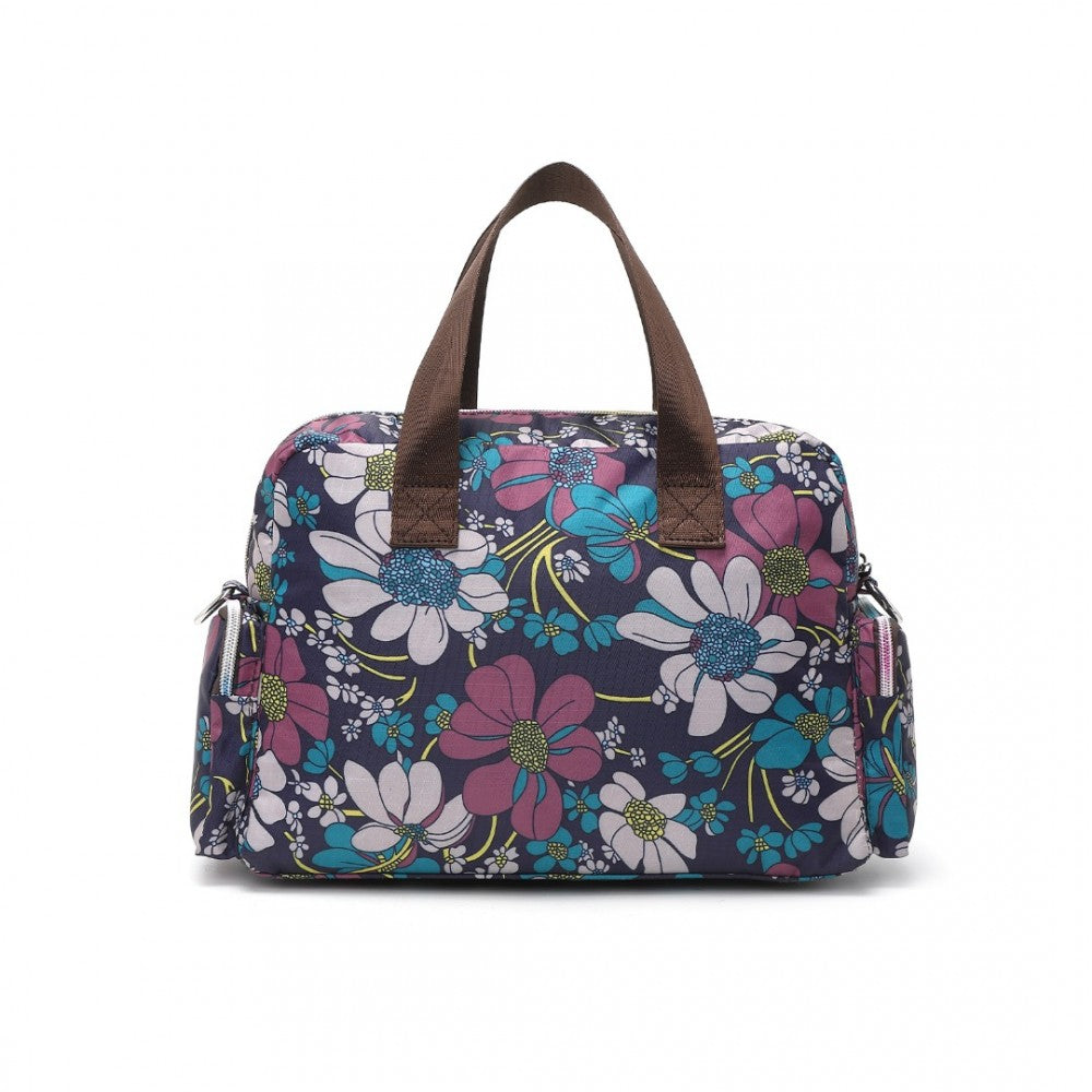 MSK2434F - KONO VERSATILE MULTI-POCKET TRAVEL BAG WITH ADJUSTABLE DETACHABLE STRAP AND FLOWER PRINT - NAVY - The Baggage Shop