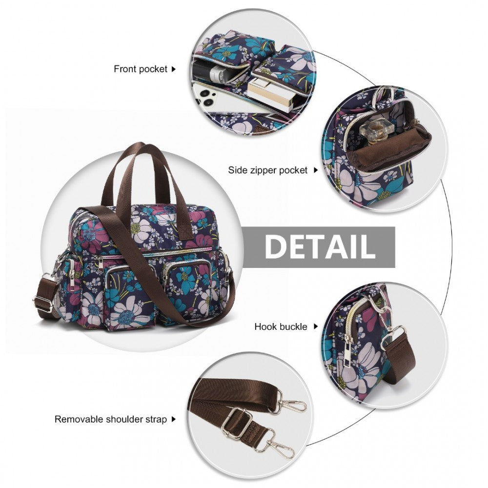 MSK2434F - KONO VERSATILE MULTI-POCKET TRAVEL BAG WITH ADJUSTABLE DETACHABLE STRAP AND FLOWER PRINT - NAVY - The Baggage Shop