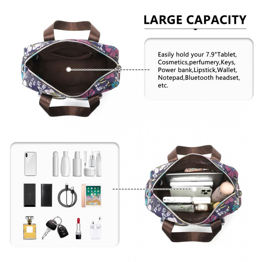 MSK2434F - KONO VERSATILE MULTI-POCKET TRAVEL BAG WITH ADJUSTABLE DETACHABLE STRAP AND FLOWER PRINT - NAVY - The Baggage Shop