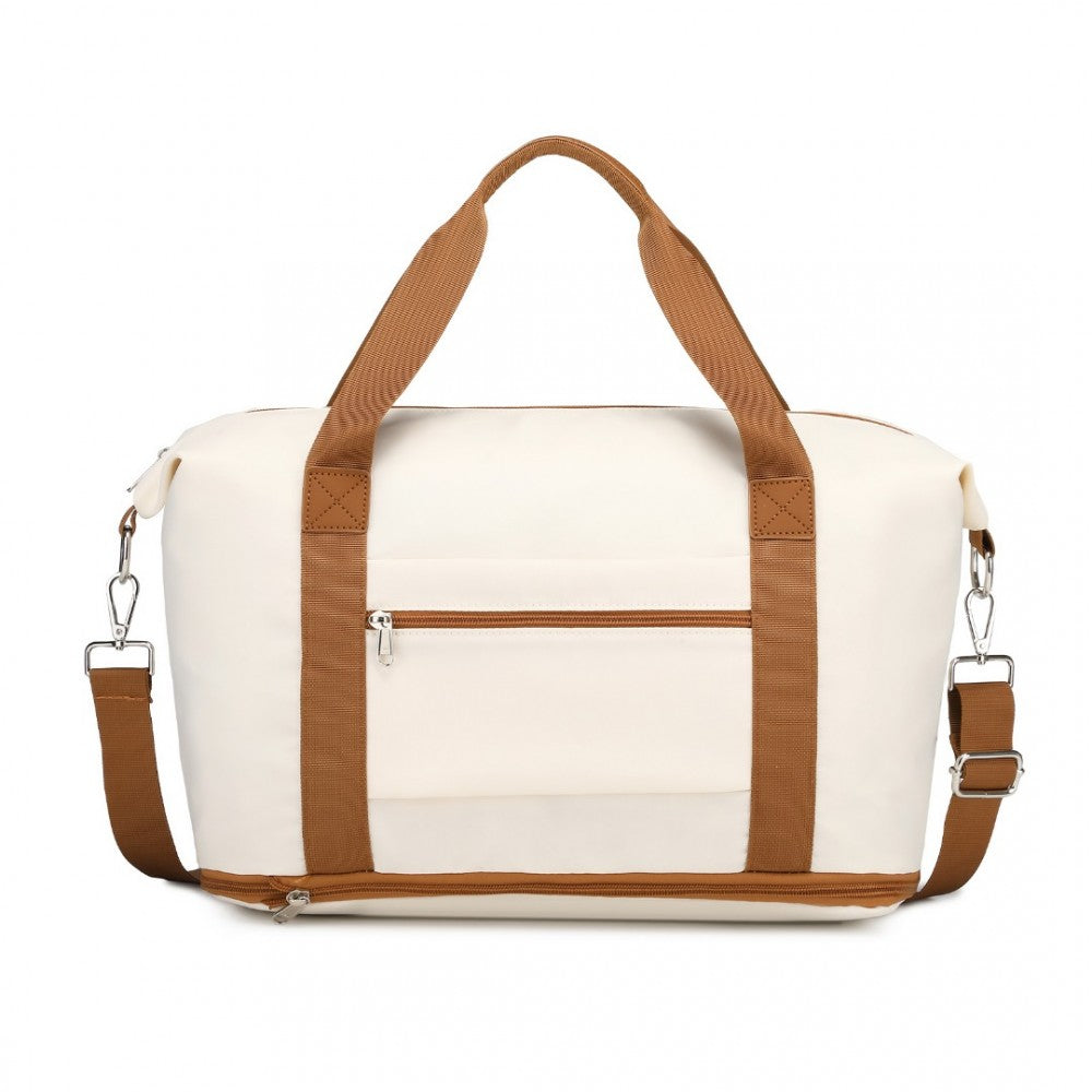S2366 - 36L EXPANDABLE WATER-RESISTANT TRAVEL TOTE SET WITH COSMETIC POUCH VERSATILE CARRY-ON DUFFEL BAG - BEIGE AND BROWN - The Baggage Shop