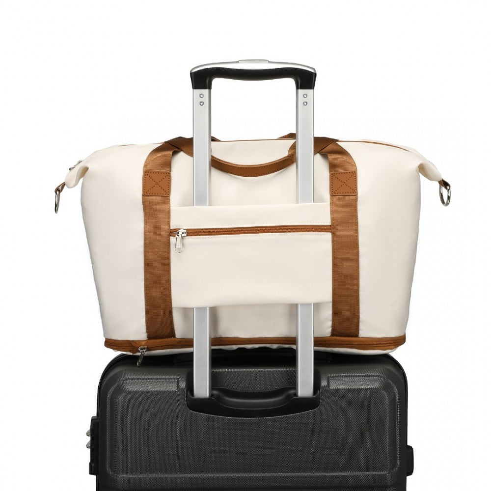 S2366 - 36L EXPANDABLE WATER-RESISTANT TRAVEL TOTE SET WITH COSMETIC POUCH VERSATILE CARRY-ON DUFFEL BAG - BEIGE AND BROWN - The Baggage Shop