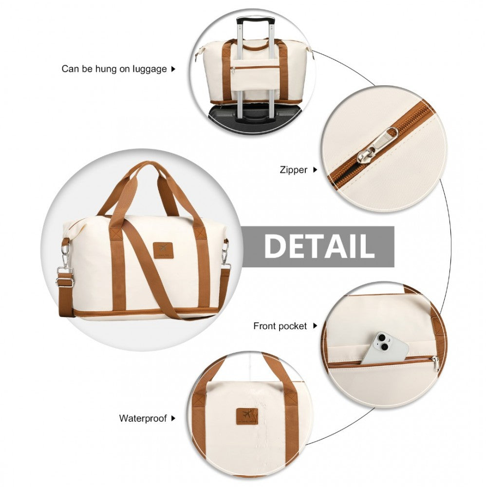 S2366 - 36L EXPANDABLE WATER-RESISTANT TRAVEL TOTE SET WITH COSMETIC POUCH VERSATILE CARRY-ON DUFFEL BAG - BEIGE AND BROWN - The Baggage Shop