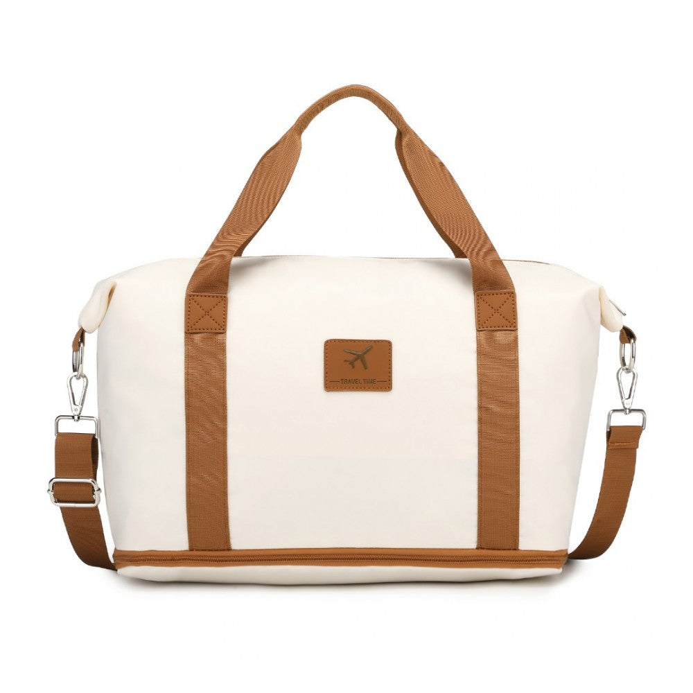 S2366 - 36L EXPANDABLE WATER-RESISTANT TRAVEL TOTE SET WITH COSMETIC POUCH VERSATILE CARRY-ON DUFFEL BAG - BEIGE AND BROWN - The Baggage Shop
