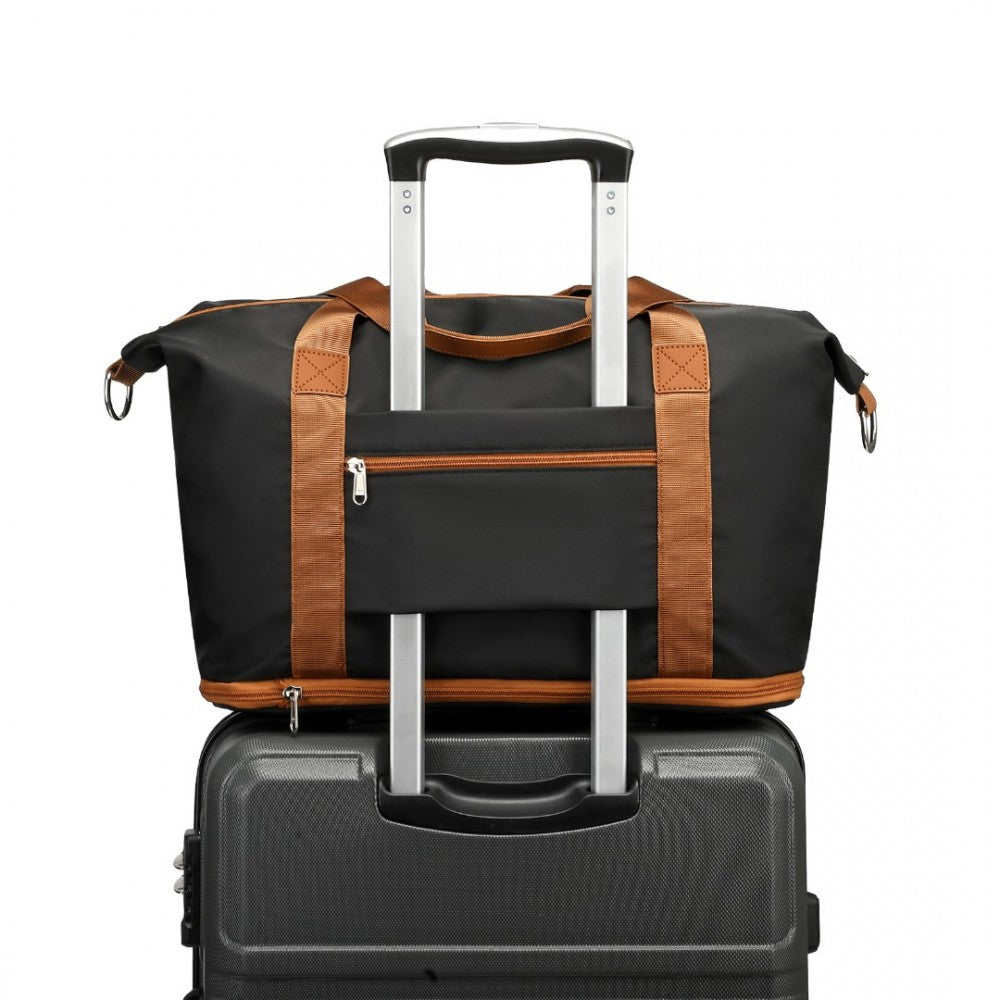 S2366 - 36L EXPANDABLE WATER-RESISTANT TRAVEL TOTE SET WITH COSMETIC POUCH VERSATILE CARRY-ON DUFFEL BAG - BLACK AND BROWN - The Baggage Shop