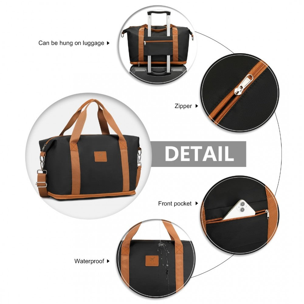 S2366 - 36L EXPANDABLE WATER-RESISTANT TRAVEL TOTE SET WITH COSMETIC POUCH VERSATILE CARRY-ON DUFFEL BAG - BLACK AND BROWN - The Baggage Shop