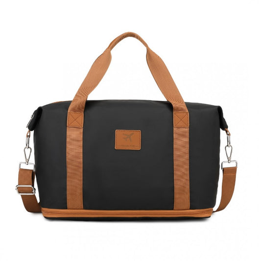 S2366 - 36L EXPANDABLE WATER-RESISTANT TRAVEL TOTE SET WITH COSMETIC POUCH VERSATILE CARRY-ON DUFFEL BAG - BLACK AND BROWN - The Baggage Shop