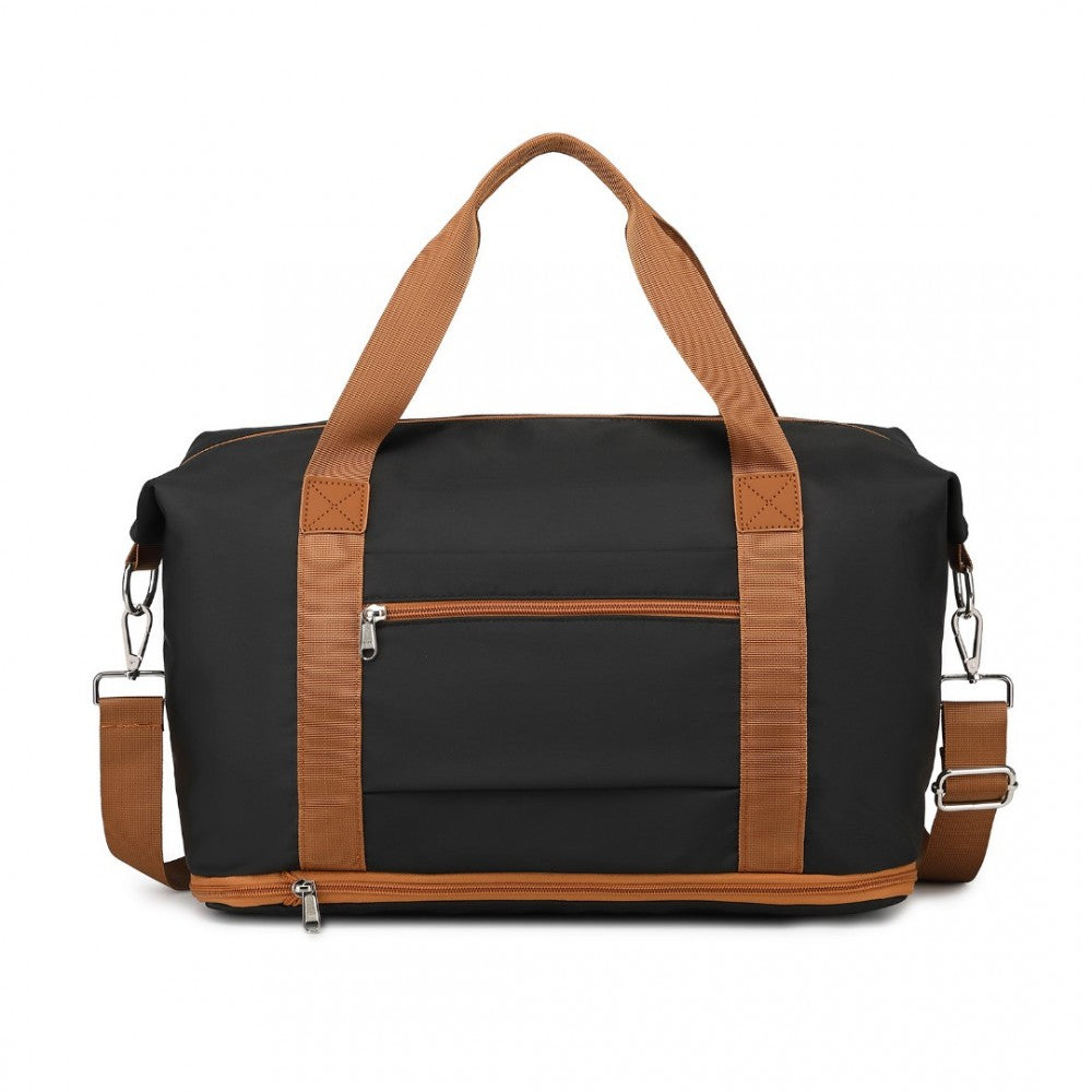 S2366 - 36L EXPANDABLE WATER-RESISTANT TRAVEL TOTE SET WITH COSMETIC POUCH VERSATILE CARRY-ON DUFFEL BAG - BLACK AND BROWN - The Baggage Shop