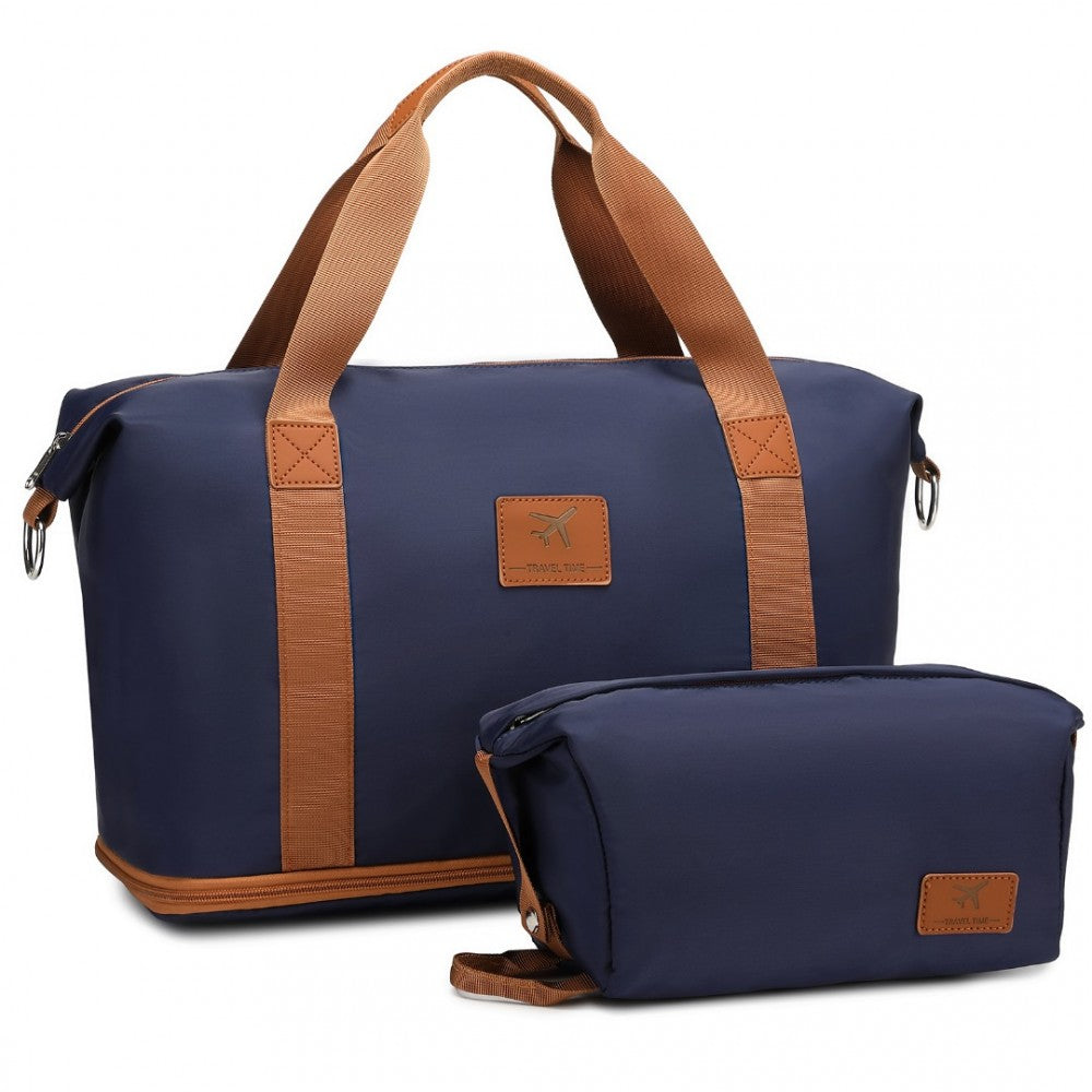 S2366 - 36L EXPANDABLE WATER-RESISTANT TRAVEL TOTE SET WITH COSMETIC POUCH VERSATILE CARRY-ON DUFFEL BAG - NAVY AND BROWN - The Baggage Shop