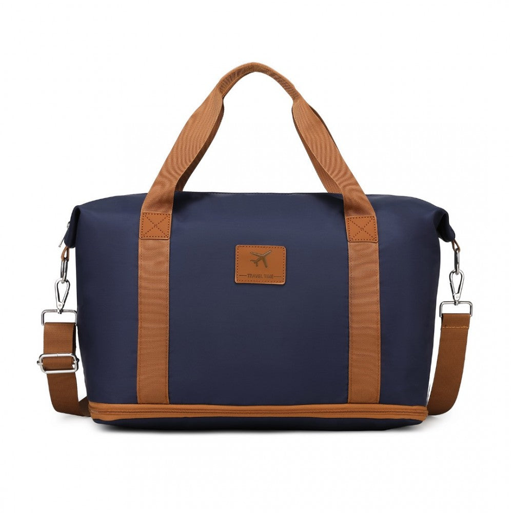 S2366 - 36L EXPANDABLE WATER-RESISTANT TRAVEL TOTE SET WITH COSMETIC POUCH VERSATILE CARRY-ON DUFFEL BAG - NAVY AND BROWN - The Baggage Shop