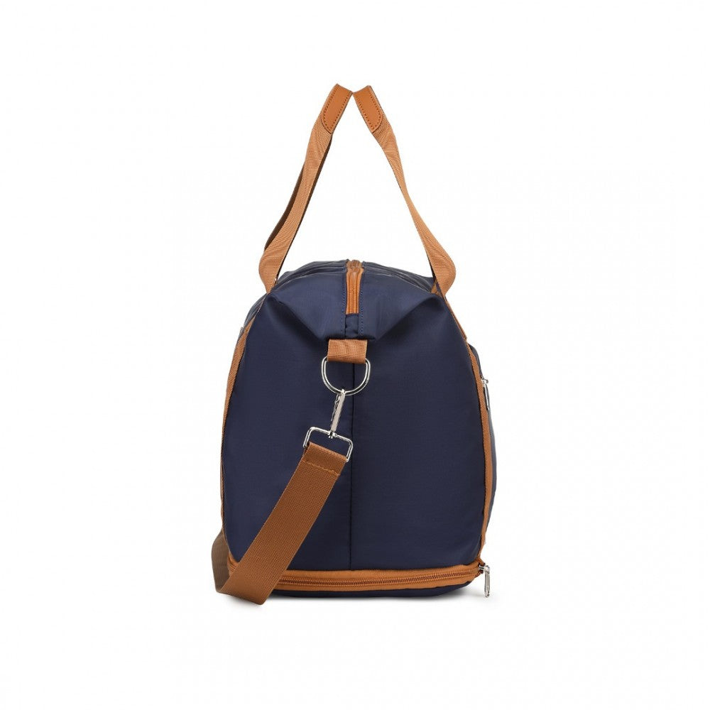 S2366 - 36L EXPANDABLE WATER-RESISTANT TRAVEL TOTE SET WITH COSMETIC POUCH VERSATILE CARRY-ON DUFFEL BAG - NAVY AND BROWN - The Baggage Shop