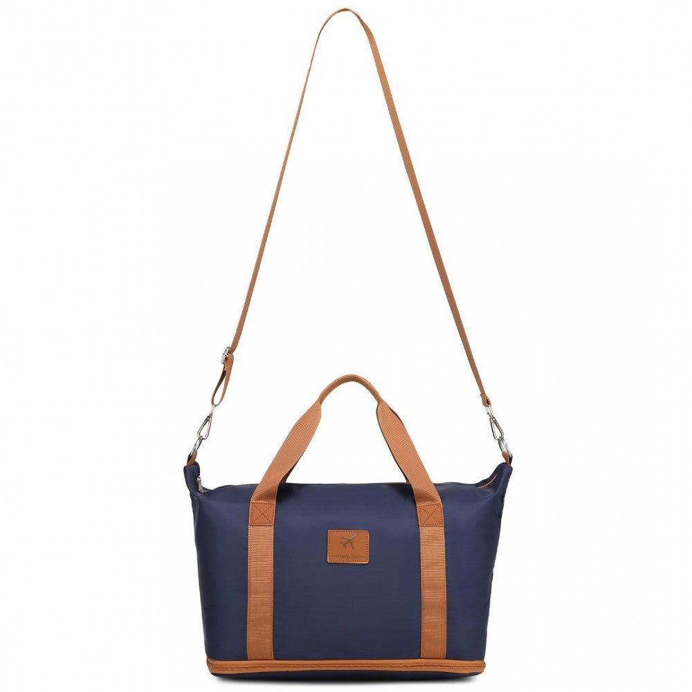 S2366 - 36L EXPANDABLE WATER-RESISTANT TRAVEL TOTE SET WITH COSMETIC POUCH VERSATILE CARRY-ON DUFFEL BAG - NAVY AND BROWN - The Baggage Shop