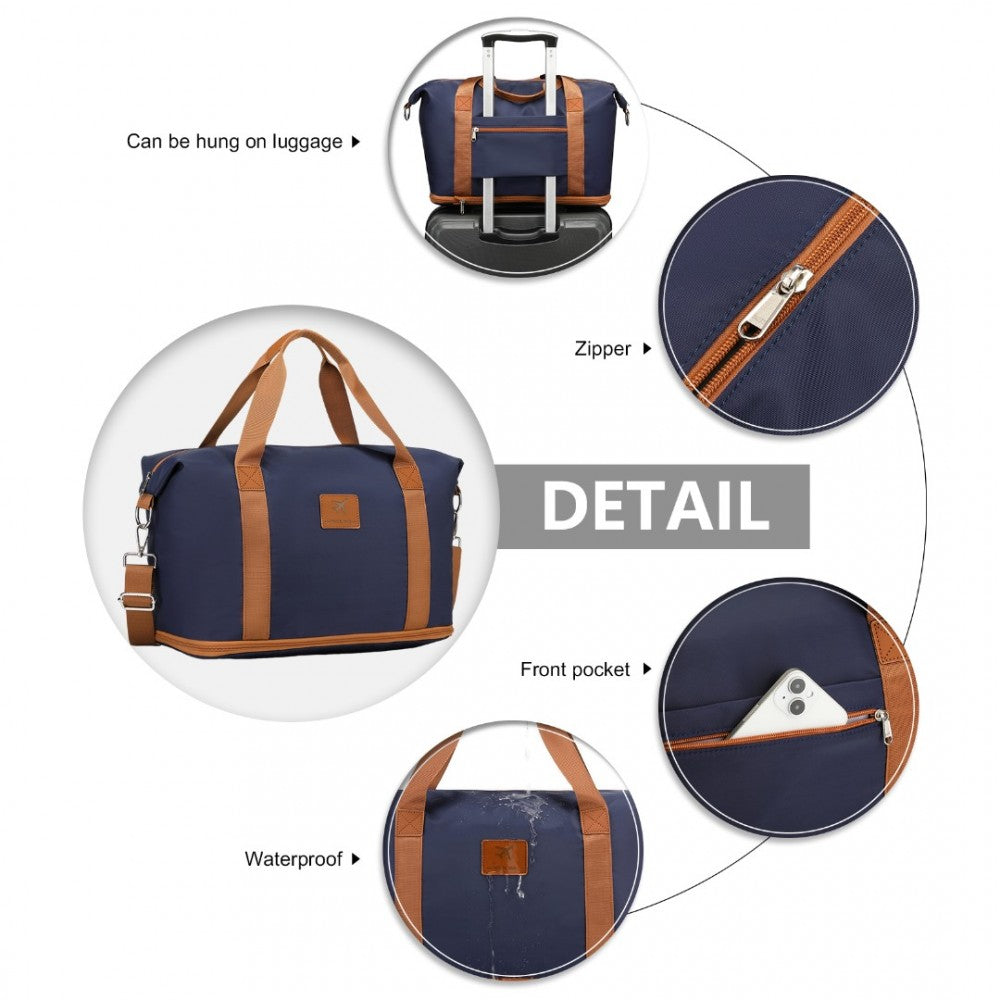 S2366 - 36L EXPANDABLE WATER-RESISTANT TRAVEL TOTE SET WITH COSMETIC POUCH VERSATILE CARRY-ON DUFFEL BAG - NAVY AND BROWN - The Baggage Shop