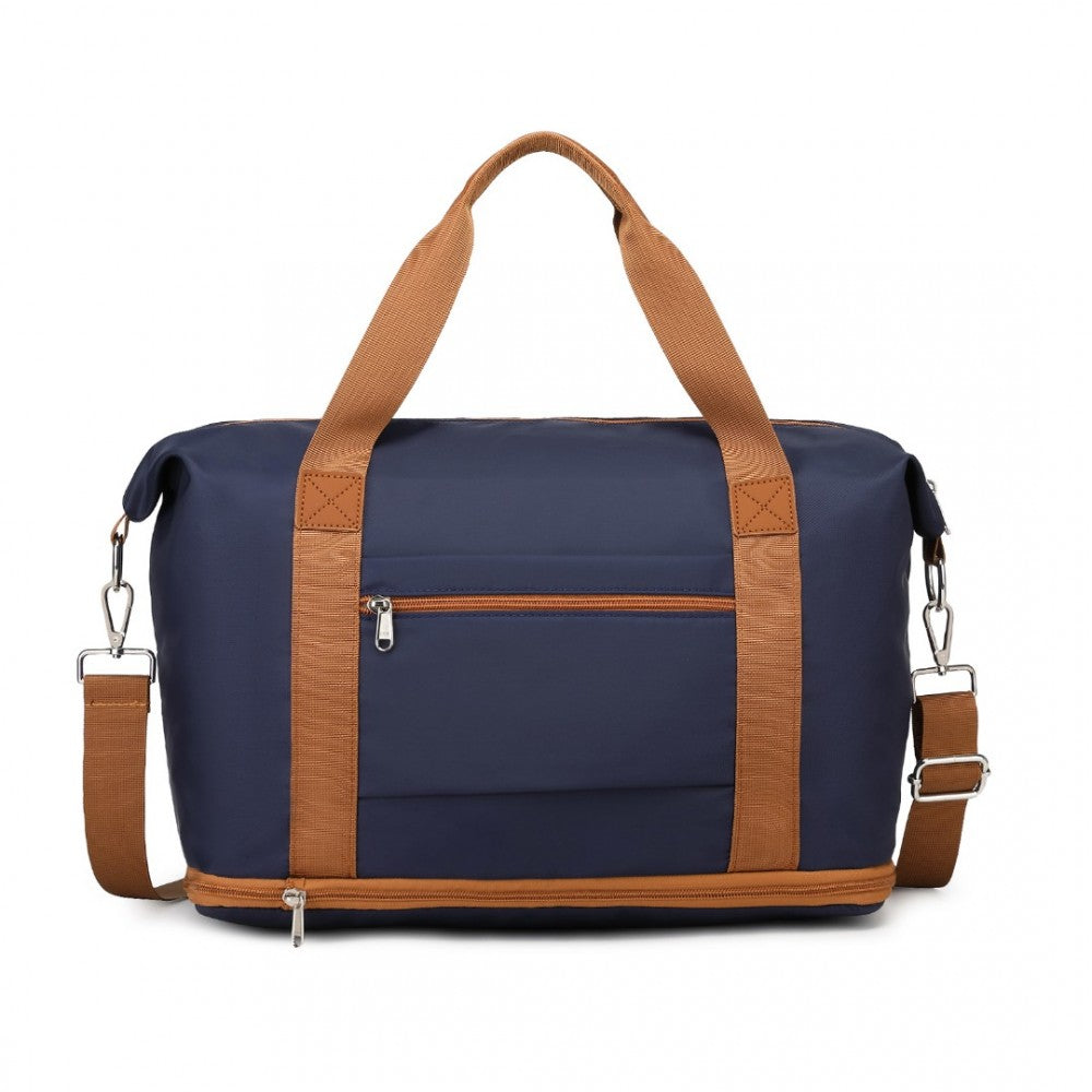S2366 - 36L EXPANDABLE WATER-RESISTANT TRAVEL TOTE SET WITH COSMETIC POUCH VERSATILE CARRY-ON DUFFEL BAG - NAVY AND BROWN - The Baggage Shop