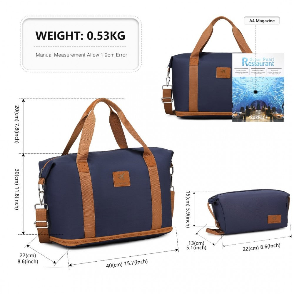 S2366 - 36L EXPANDABLE WATER-RESISTANT TRAVEL TOTE SET WITH COSMETIC POUCH VERSATILE CARRY-ON DUFFEL BAG - NAVY AND BROWN - The Baggage Shop