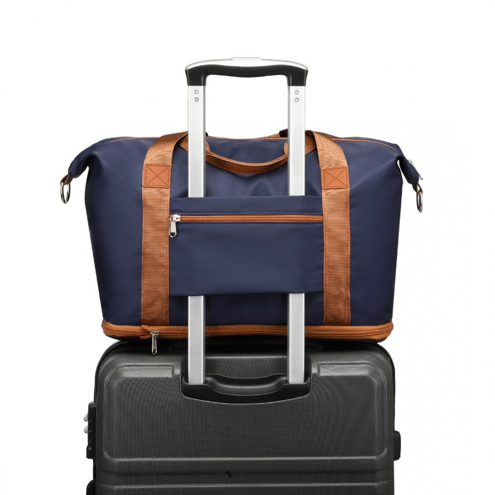 S2366 - 36L EXPANDABLE WATER-RESISTANT TRAVEL TOTE SET WITH COSMETIC POUCH VERSATILE CARRY-ON DUFFEL BAG - NAVY AND BROWN - The Baggage Shop